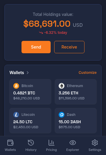 Jaxx Liberty wallet app interface showing Bitcoin portfolio and Send/Receive buttons